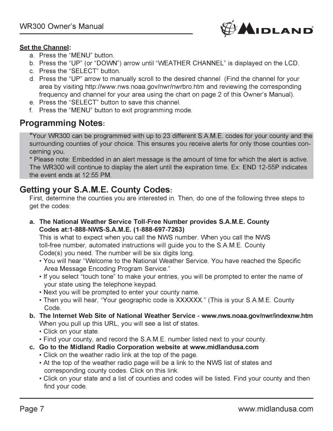 Midland Radio WR300 owner manual Programming Notes, Getting your S.A.M.E. County Codes 