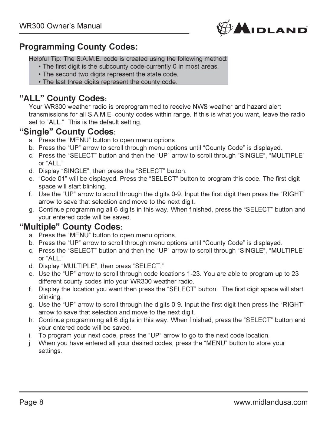 Midland Radio WR300 owner manual Programming County Codes, ALL County Codes, Single County Codes, Multiple County Codes 