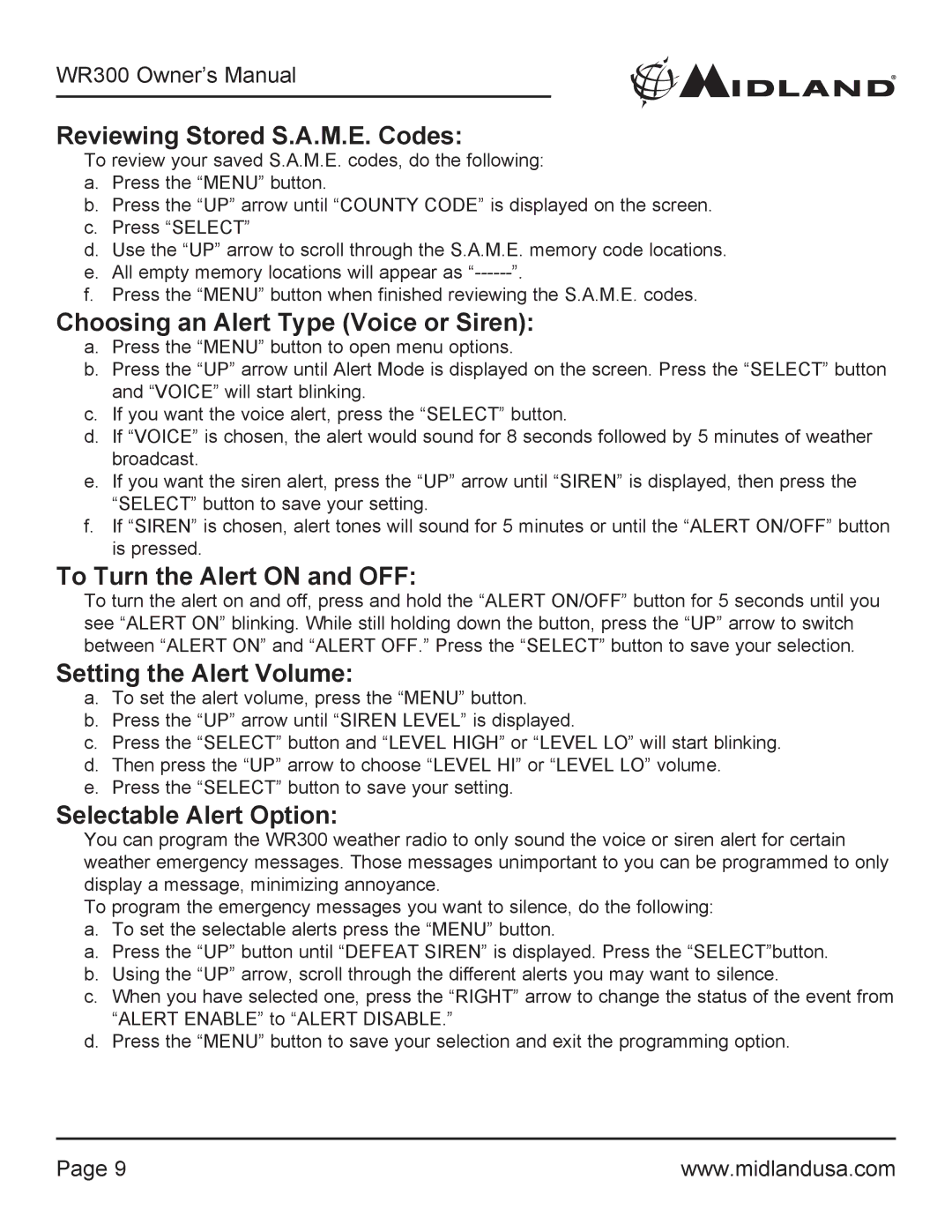 Midland Radio WR300 Reviewing Stored S.A.M.E. Codes, Choosing an Alert Type Voice or Siren, To Turn the Alert on and OFF 