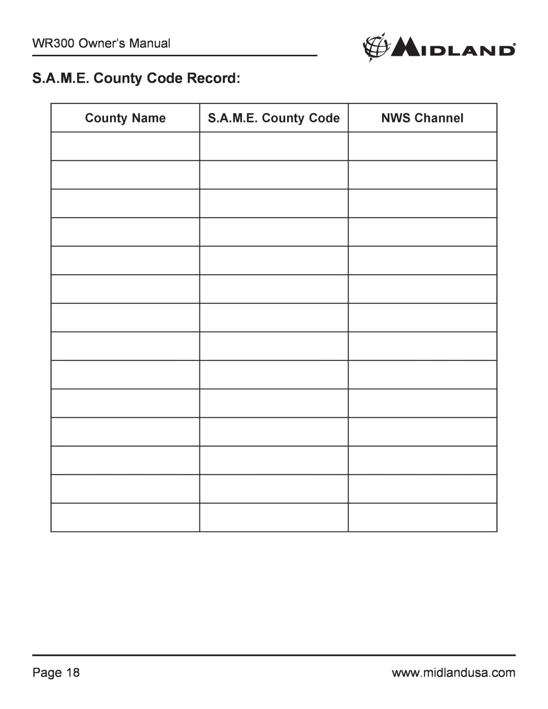 Midland Radio WR300 owner manual S.A.M.E. County Code Record, County Name, NWS Channel, Page 