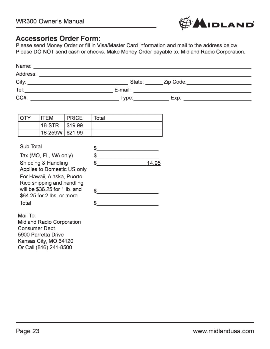 Midland Radio WR300 owner manual Accessories Order Form, Page 