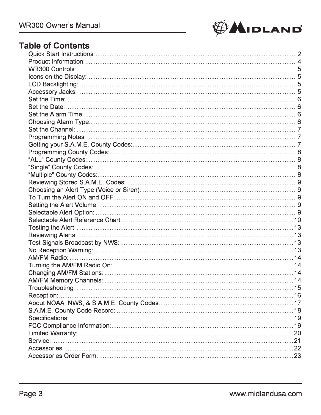 Midland Radio WR300 owner manual Table of Contents, Page 