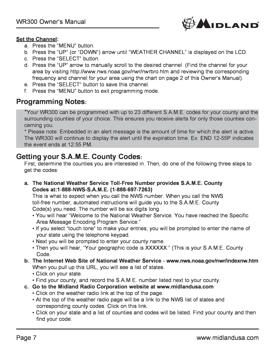 Midland Radio WR300 owner manual Programming Notes, Getting your S.A.M.E. County Codes, Page 
