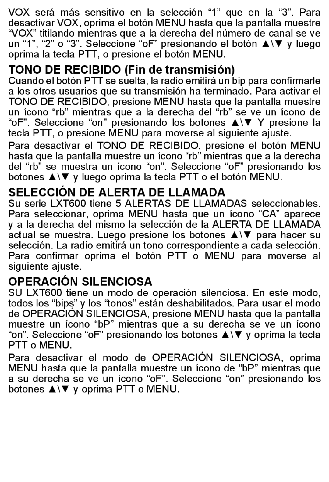 Midland Radio LXT600 manual Tono DE Recibido Fin de transmisión, Selección DE Alerta DE Llamada, Operación Silenciosa 