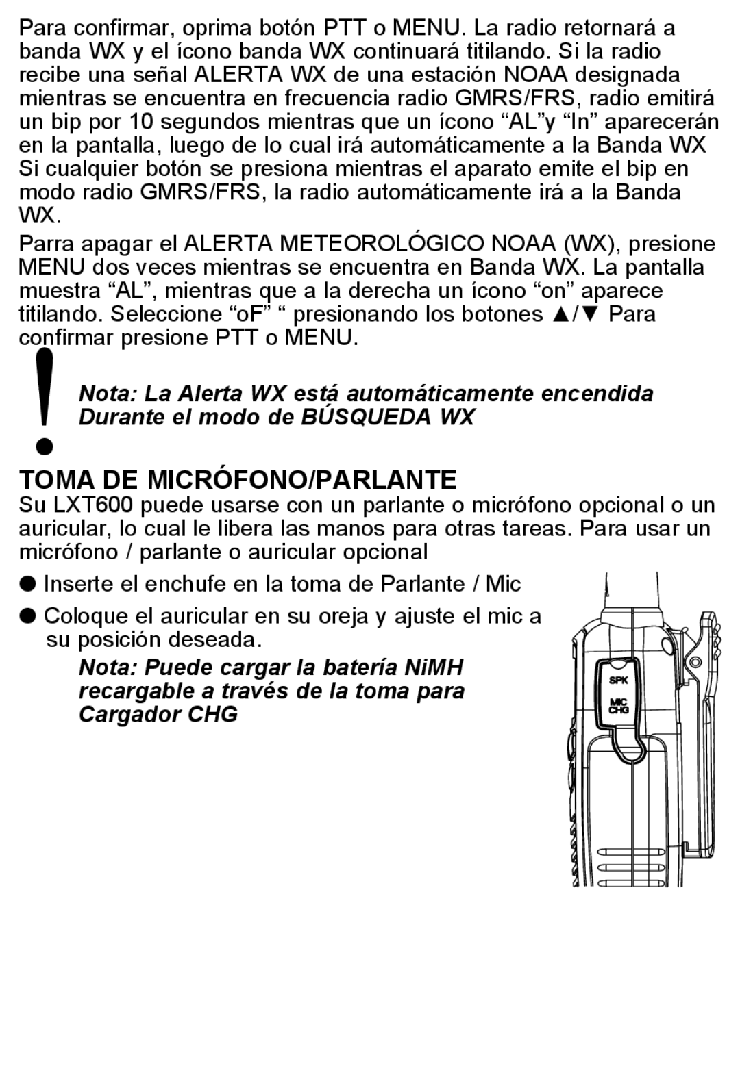 Midland Radio LXT600, X-TRA TALK GMRS/FRS Radio manual Toma DE MICRÓFONO/PARLANTE 