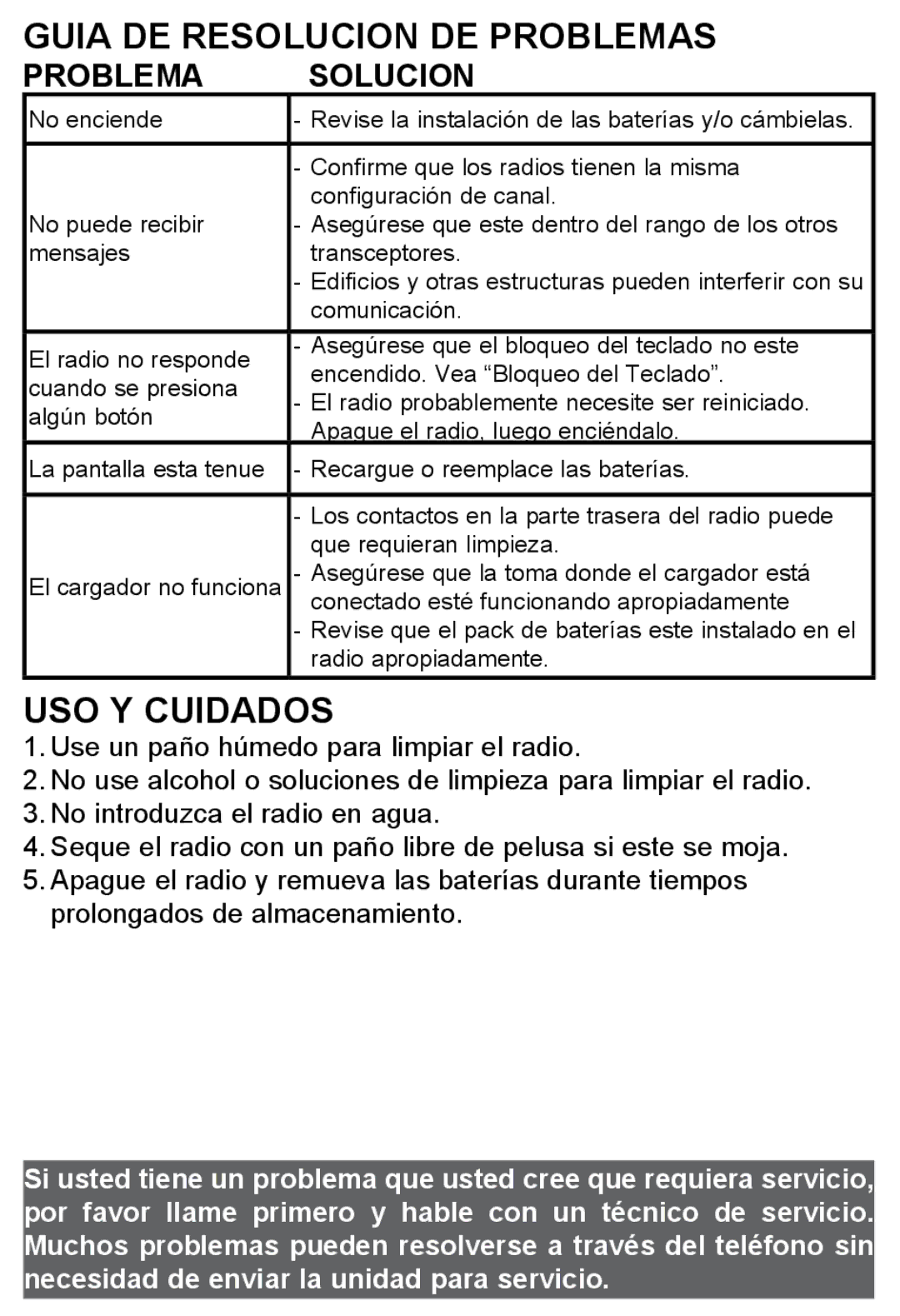 Midland Radio X-TRA TALK GMRS/FRS Radio, LXT600 manual Guia DE Resolucion DE Problemas, USO Y Cuidados, Problema Solucion 