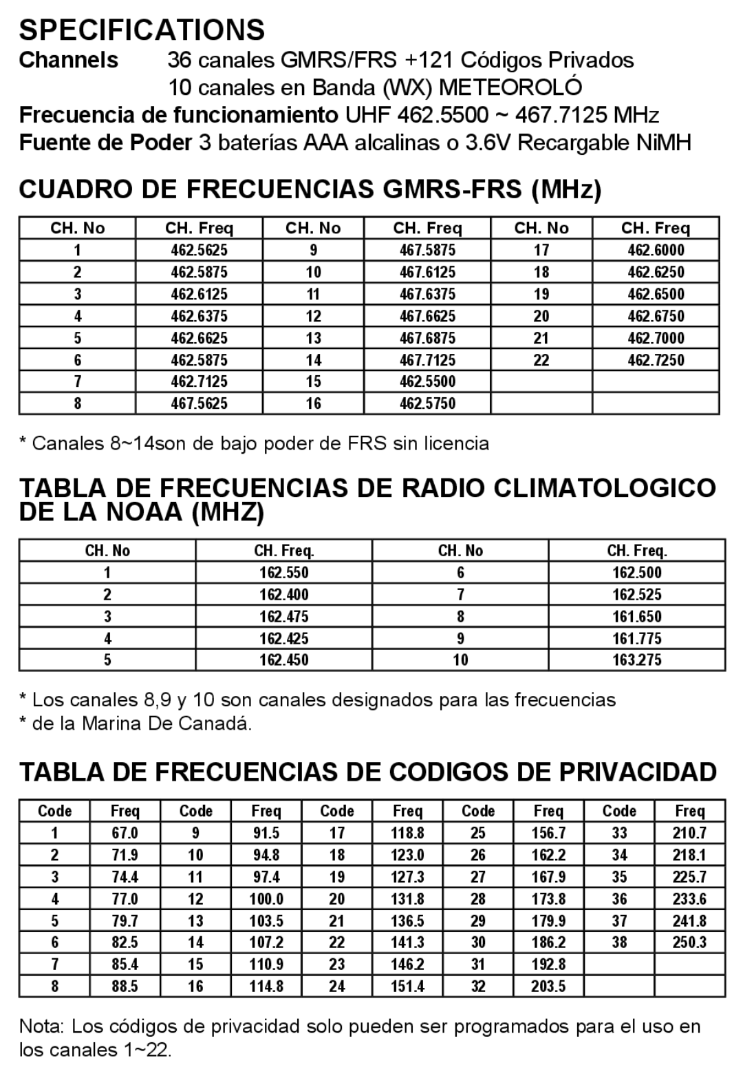 Midland Radio LXT600 Specifications, Cuadro DE Frecuencias GMRS-FRS MHz, Tabla DE Frecuencias DE Codigos DE Privacidad 