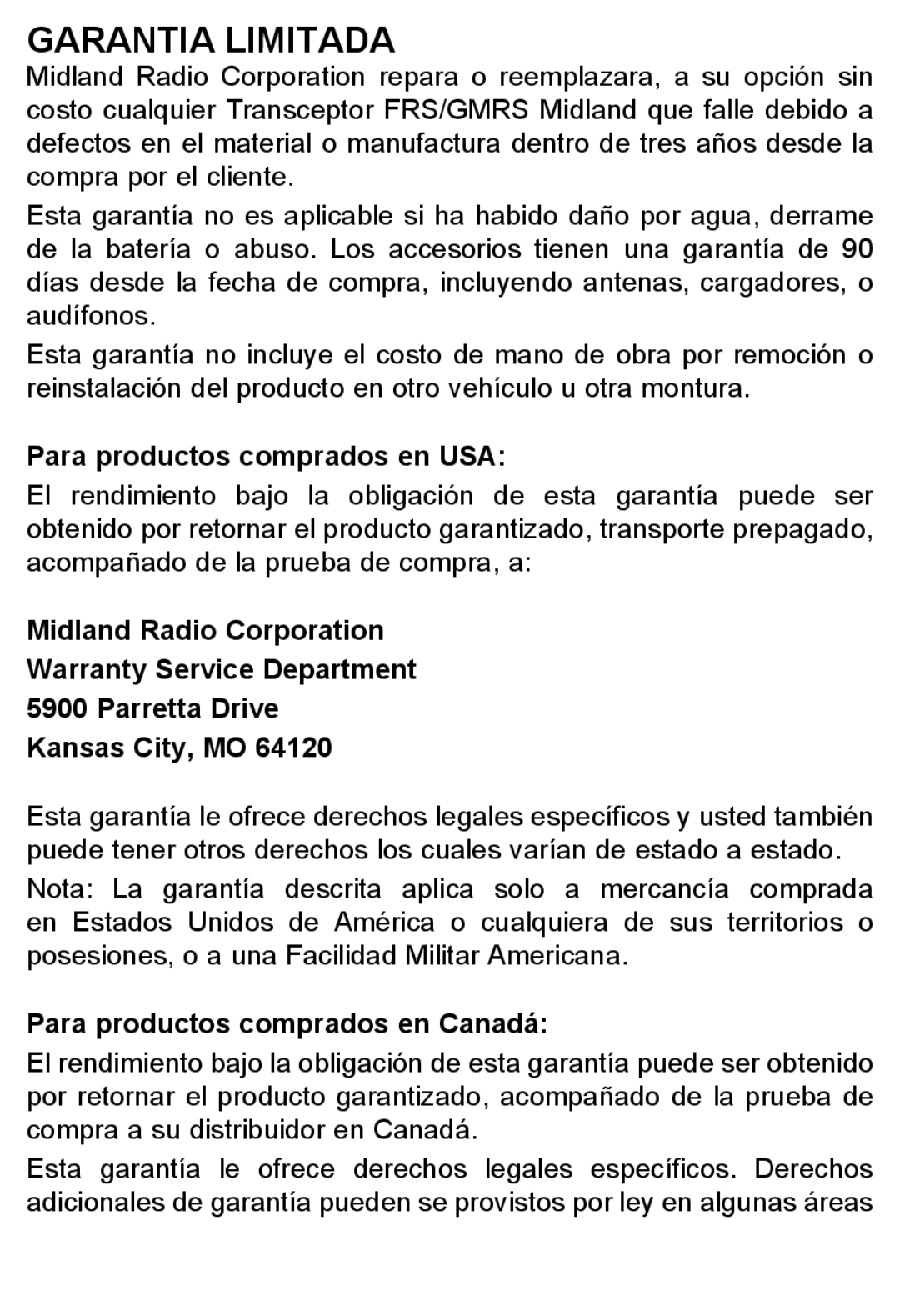 Midland Radio X-TRA TALK GMRS/FRS Radio, LXT600 manual Garantia Limitada, Para productos comprados en USA 