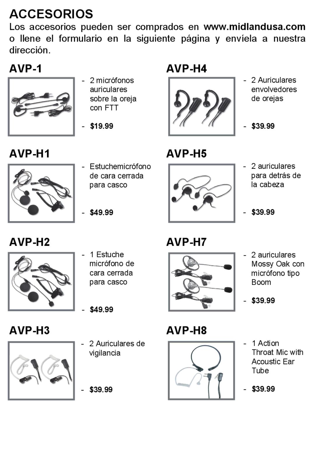 Midland Radio LXT600, X-TRA TALK GMRS/FRS Radio manual Accesorios, AVP-1AVP-H4, AVP-H1AVP-H5, AVP-H2AVP-H7, AVP-H3AVP-H8 