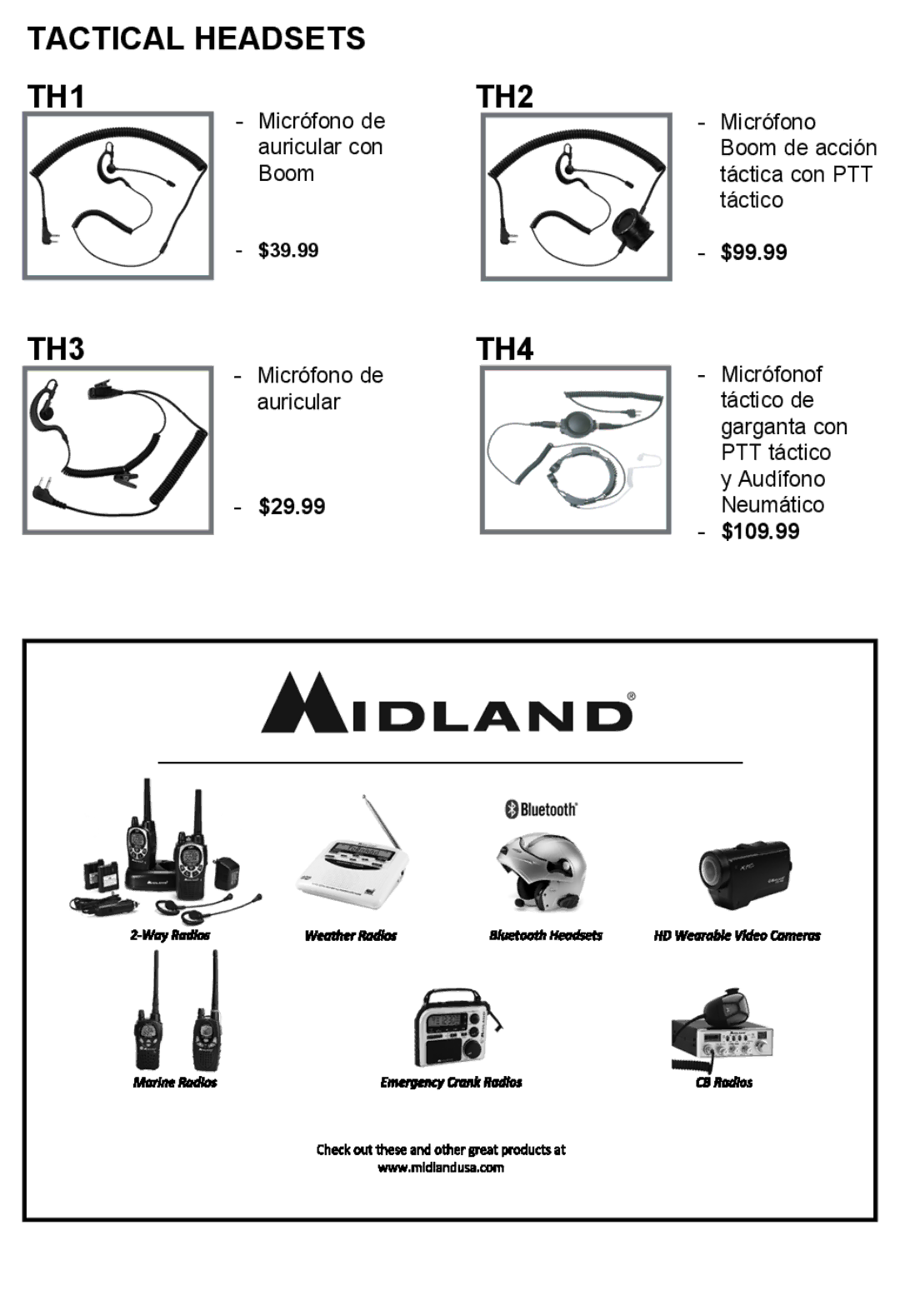 Midland Radio X-TRA TALK GMRS/FRS Radio, LXT600 manual Tactical Headsets TH1 TH2, TH3 TH4 