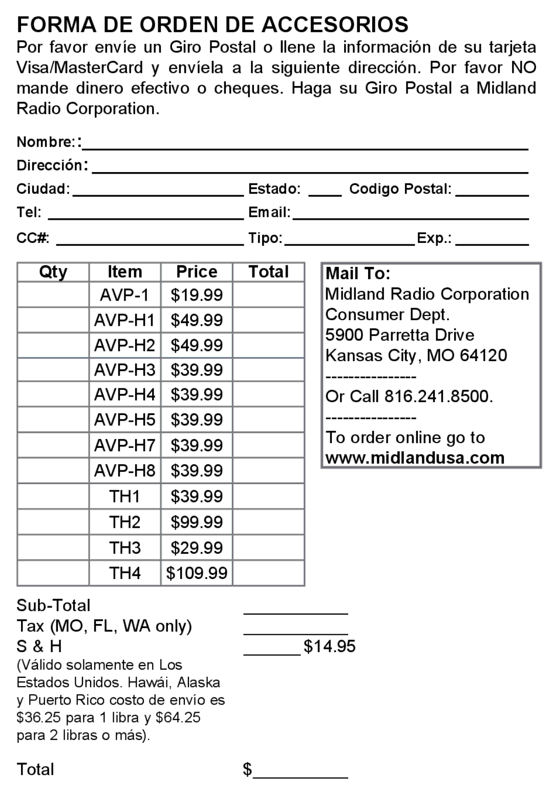 Midland Radio LXT600, X-TRA TALK GMRS/FRS Radio manual Forma DE Orden DE Accesorios, Qty Price Total 