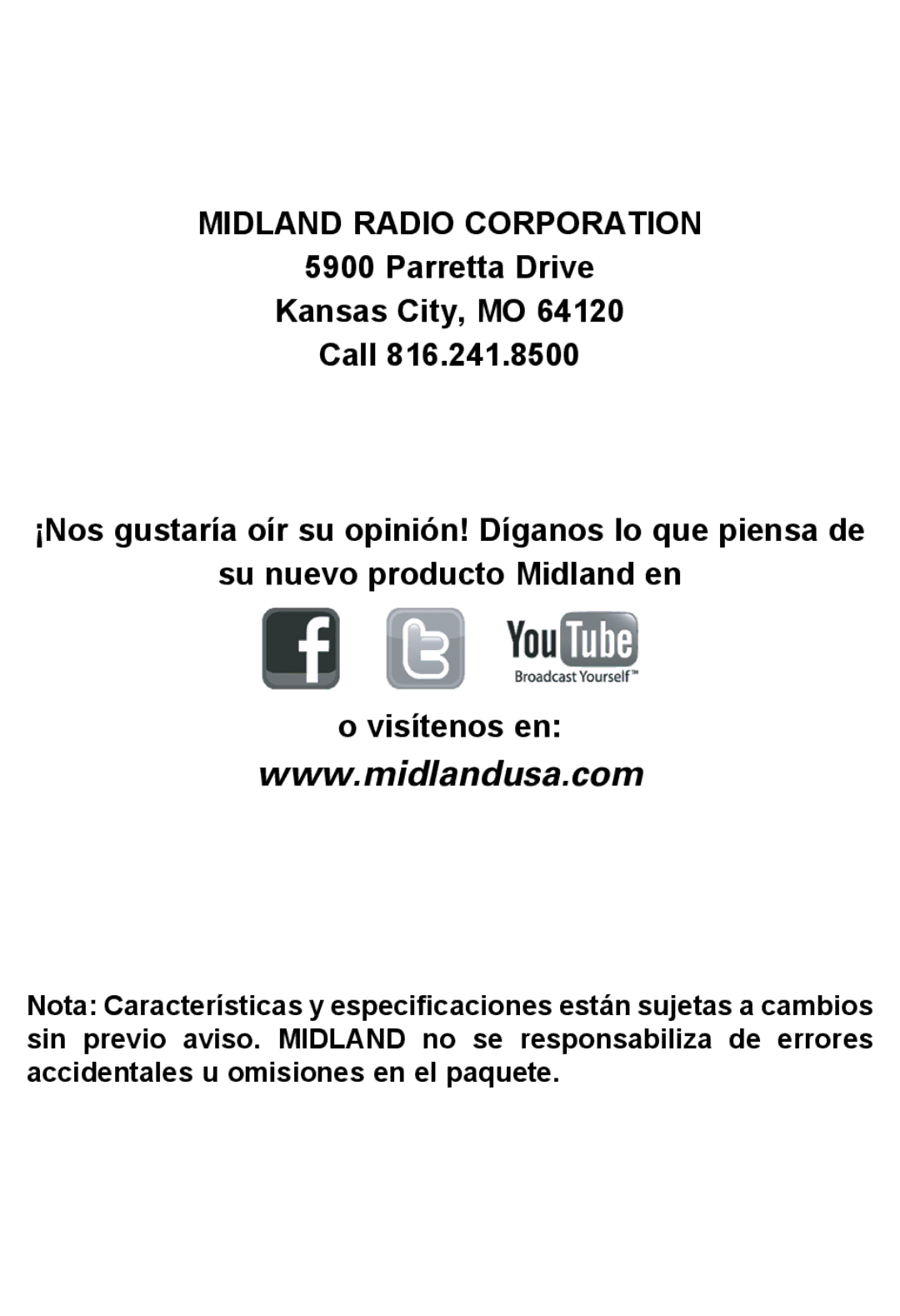 Midland Radio X-TRA TALK GMRS/FRS Radio, LXT600 manual Midland Radio Corporation, Parretta Drive Kansas City, MO Call 