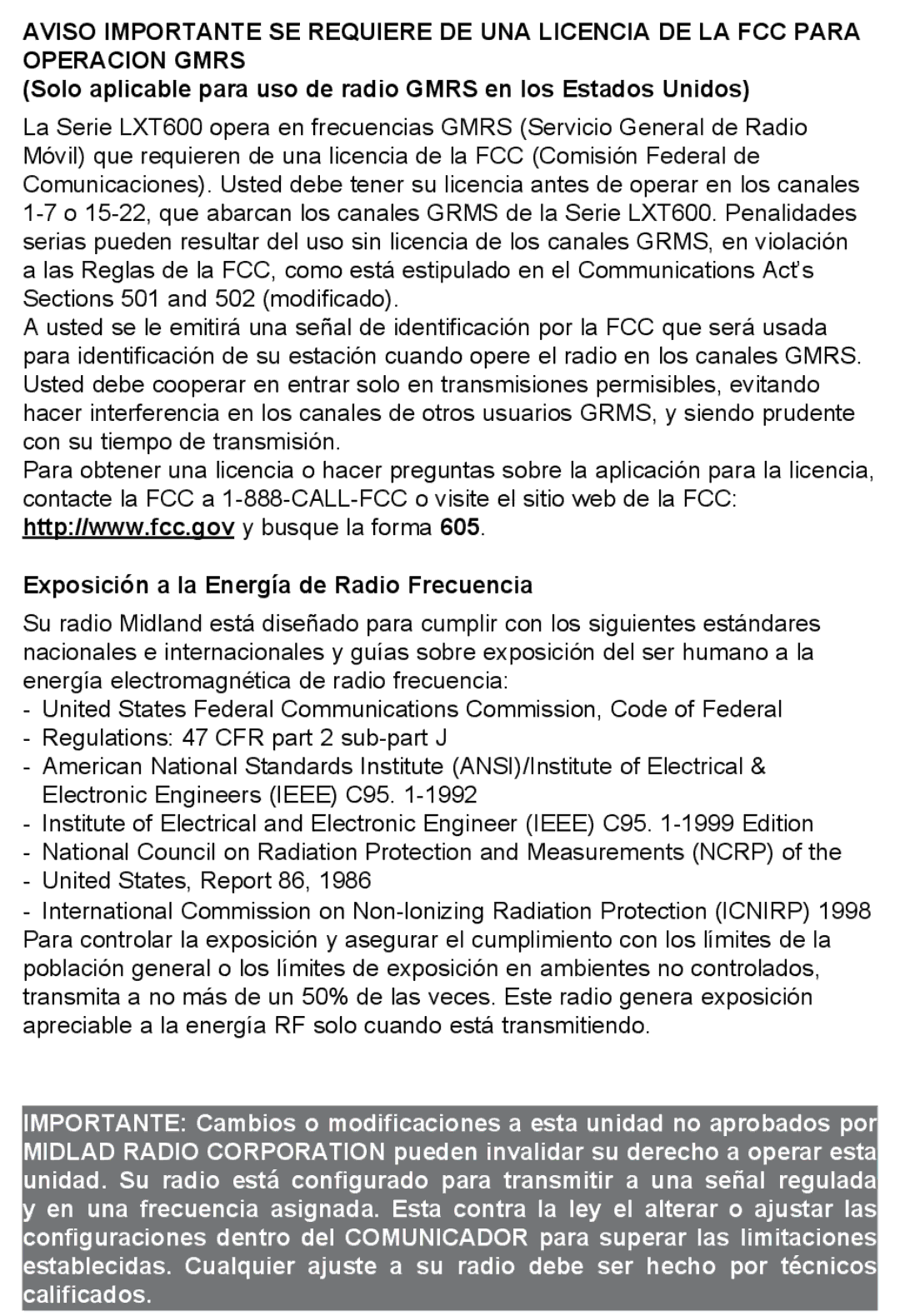 Midland Radio X-TRA TALK GMRS/FRS Radio, LXT600 manual Solo aplicable para uso de radio Gmrs en los Estados Unidos 