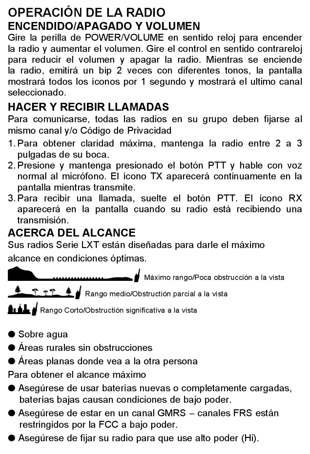 Midland Radio X-TRA TALK GMRS/FRS Radio manual Operación DE LA Radio, ENCENDIDO/APAGADO Y Volumen, Hacer Y Recibir Llamadas 