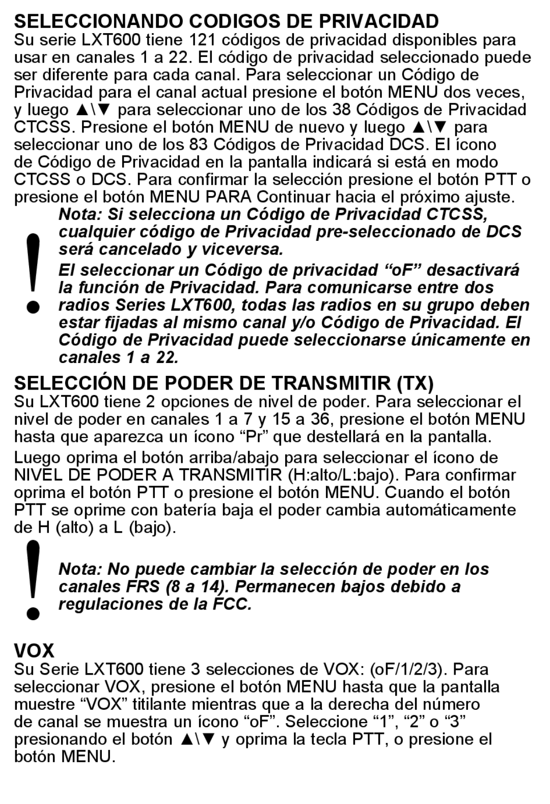 Midland Radio X-TRA TALK GMRS/FRS Radio Seleccionando Codigos DE Privacidad, Selección DE Poder DE Transmitir TX, Vox 