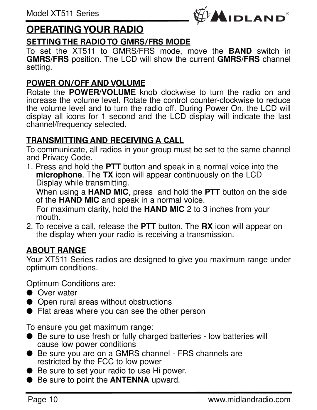 Midland Radio XT511 manual Operating Your Radio, Setting the Radio to GMRS/FRS Mode, Power ON/OFF and Volume, About Range 