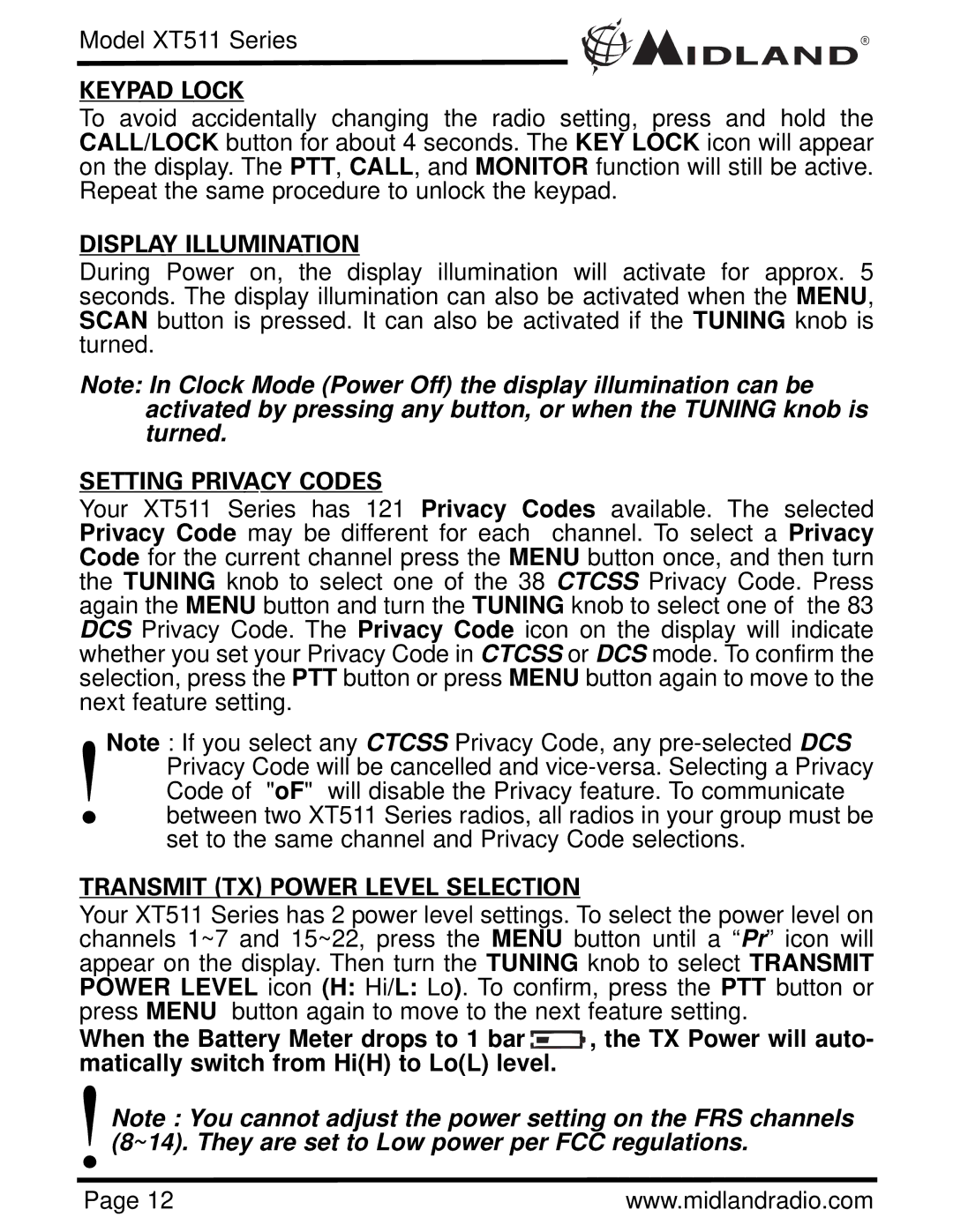 Midland Radio XT511 manual Keypad Lock, Display Illumination, Setting Privacy Codes, Transmit TX Power Level Selection 