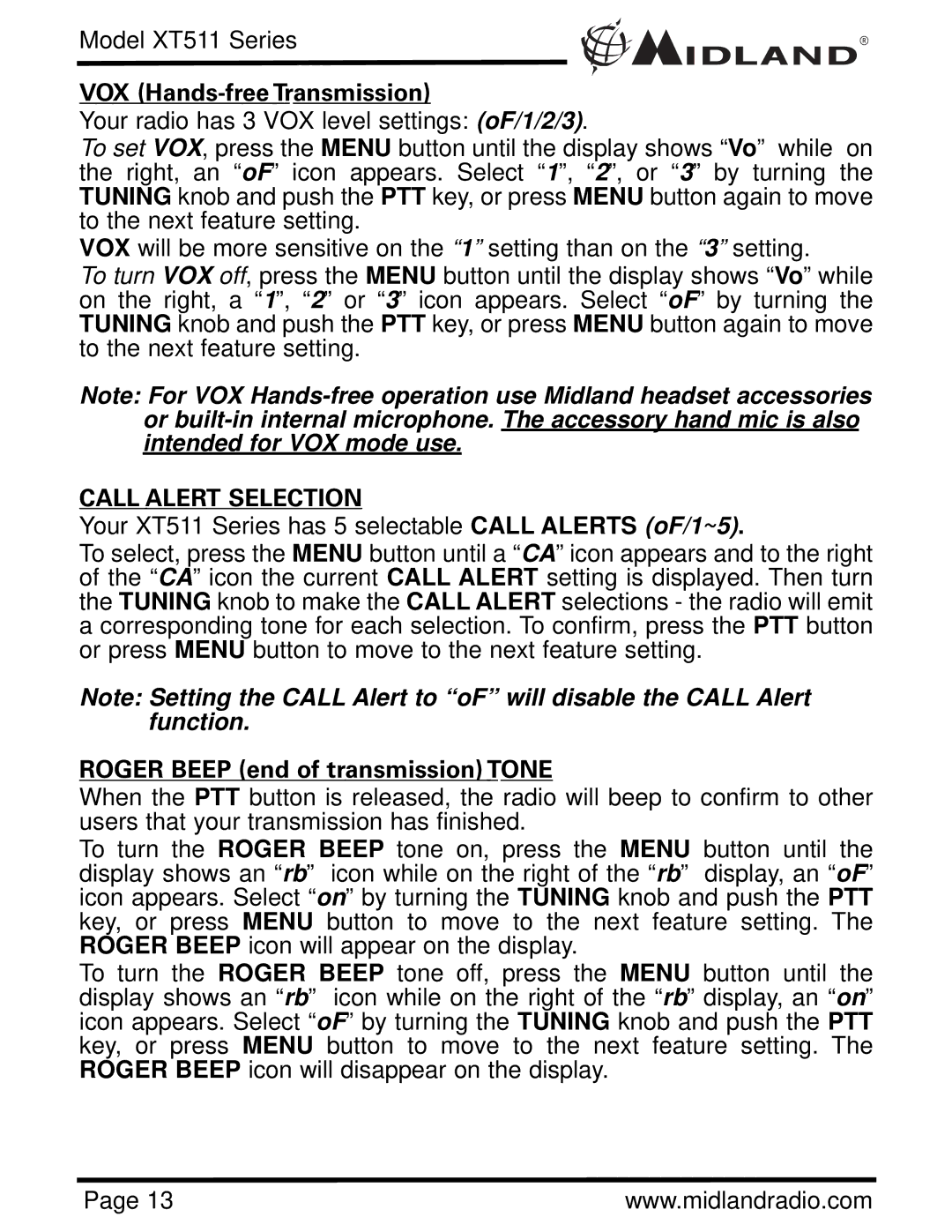 Midland Radio XT511 manual VOX Hands-free Transmission, Call Alert Selection 