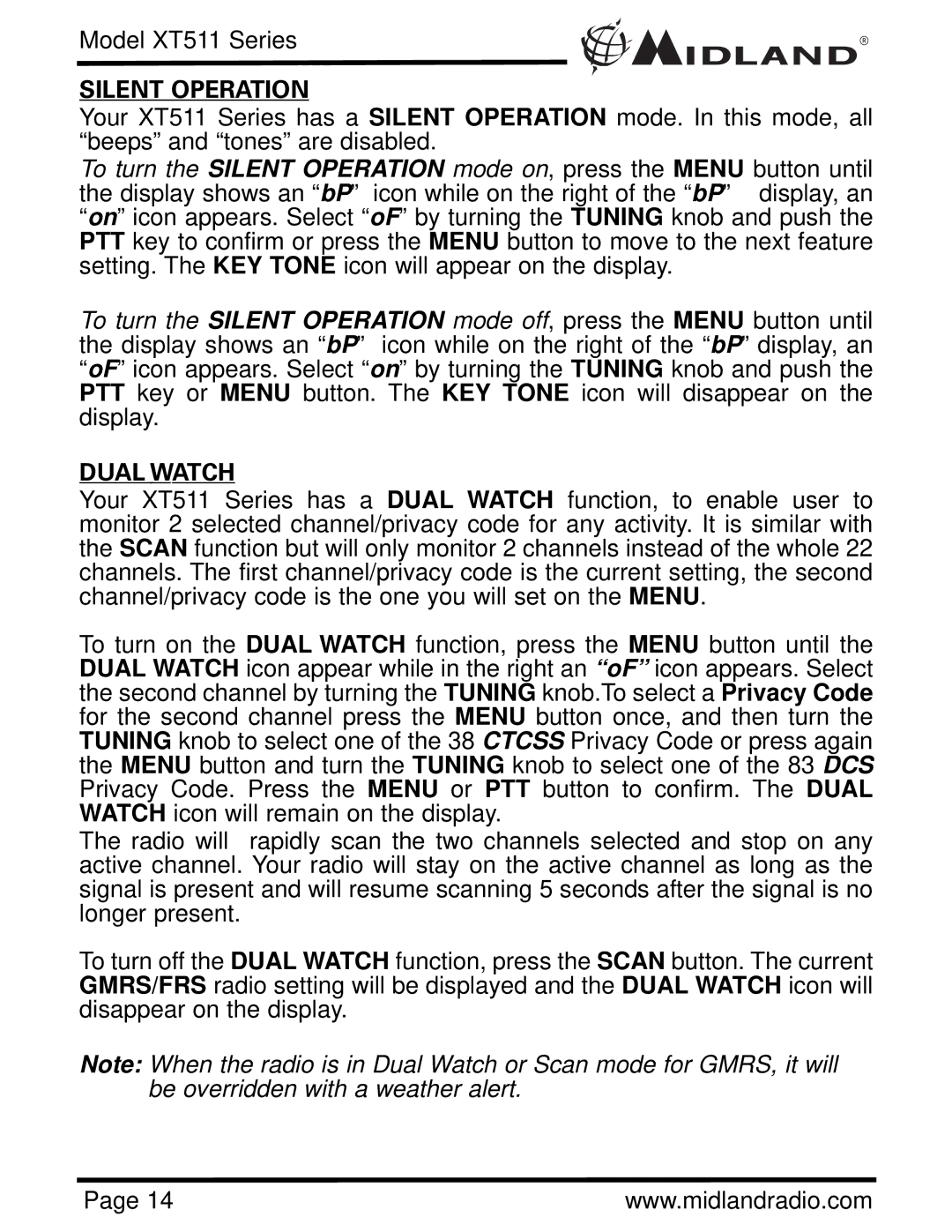 Midland Radio XT511 manual Silent Operation, Dual Watch 