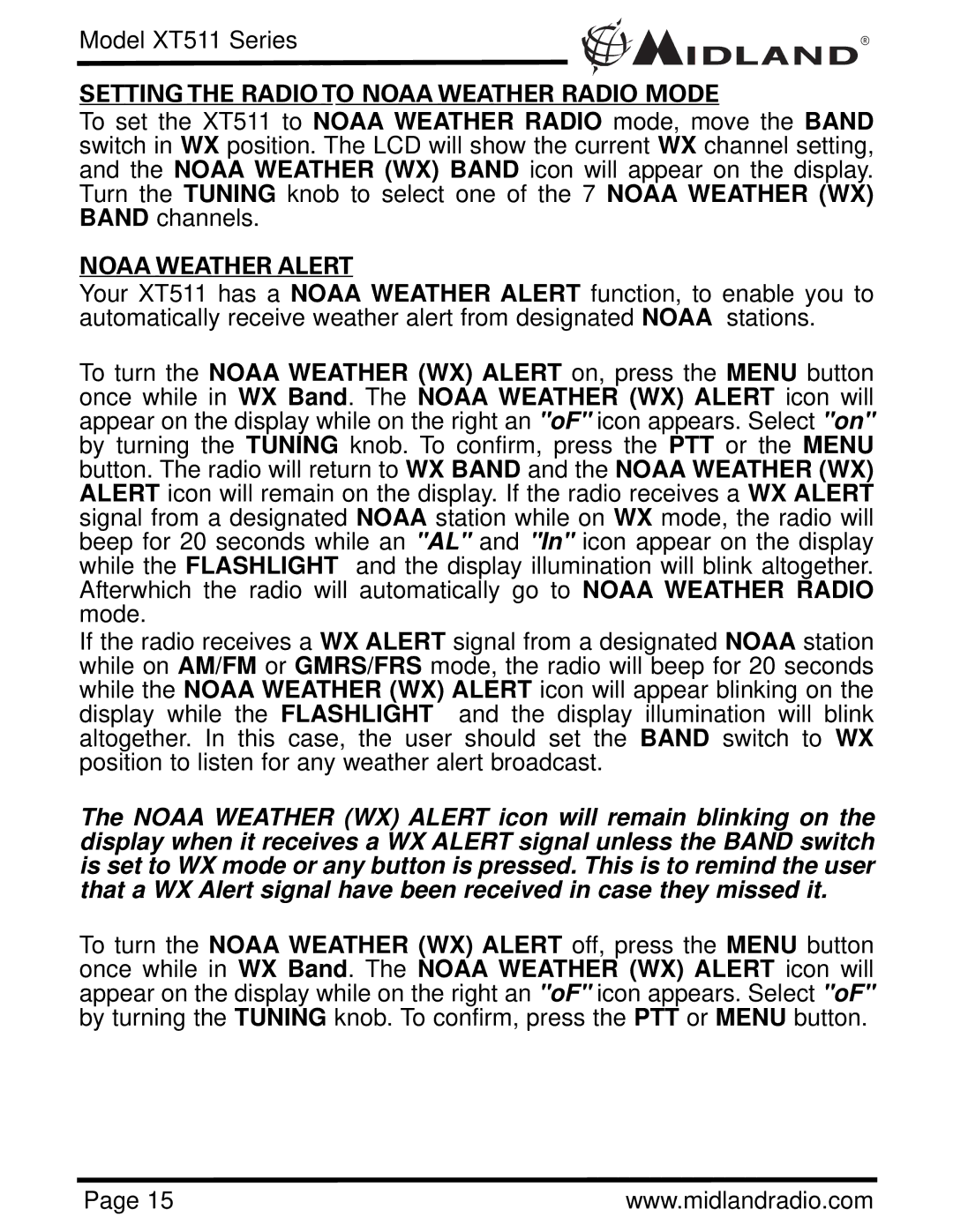 Midland Radio XT511 manual Setting the Radio to Noaa Weather Radio Mode, Noaa Weather Alert 