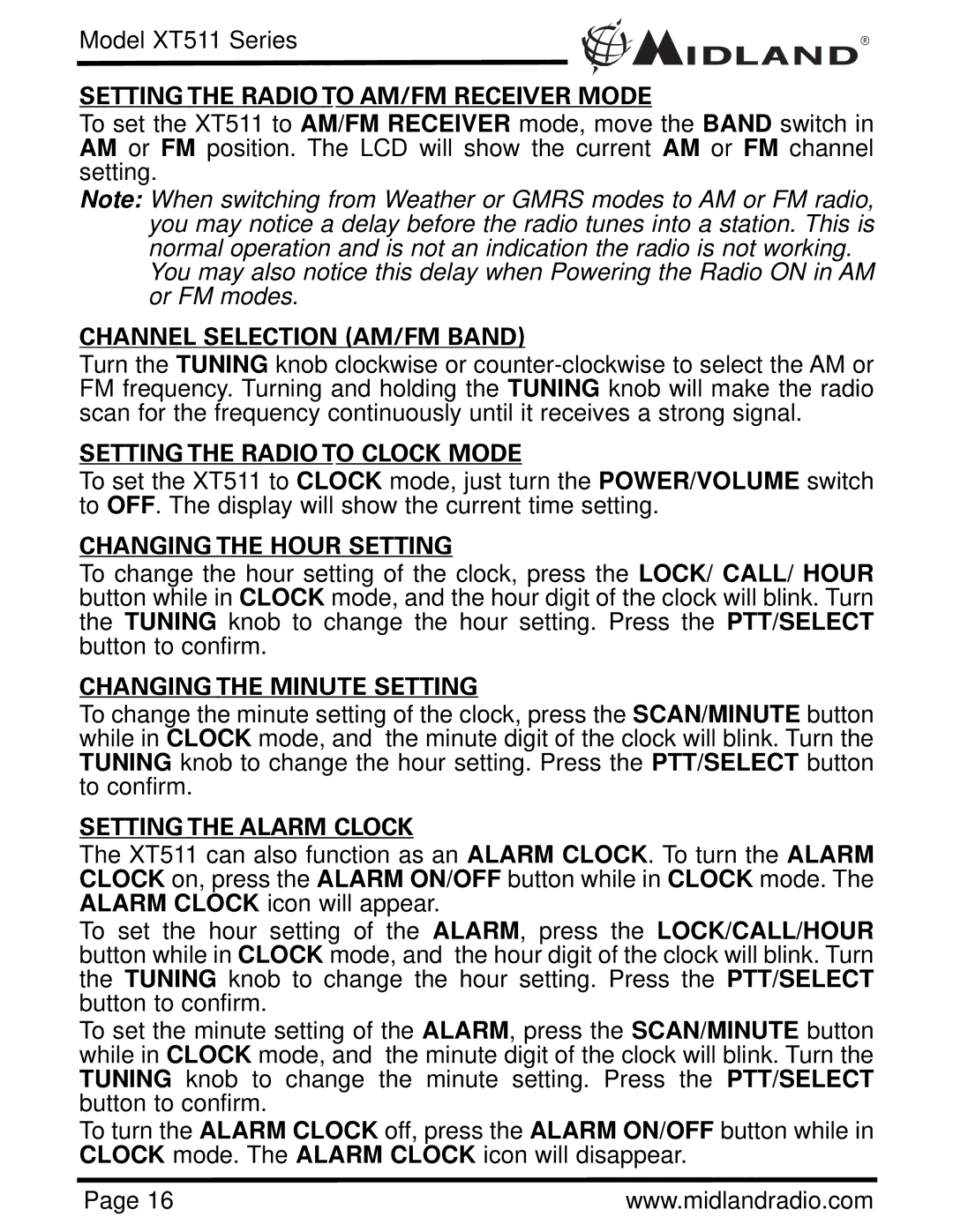 Midland Radio XT511 Setting the Radio to AM/FM Receiver Mode, Channel Selection AM/FM Band, Changing the Hour Setting 