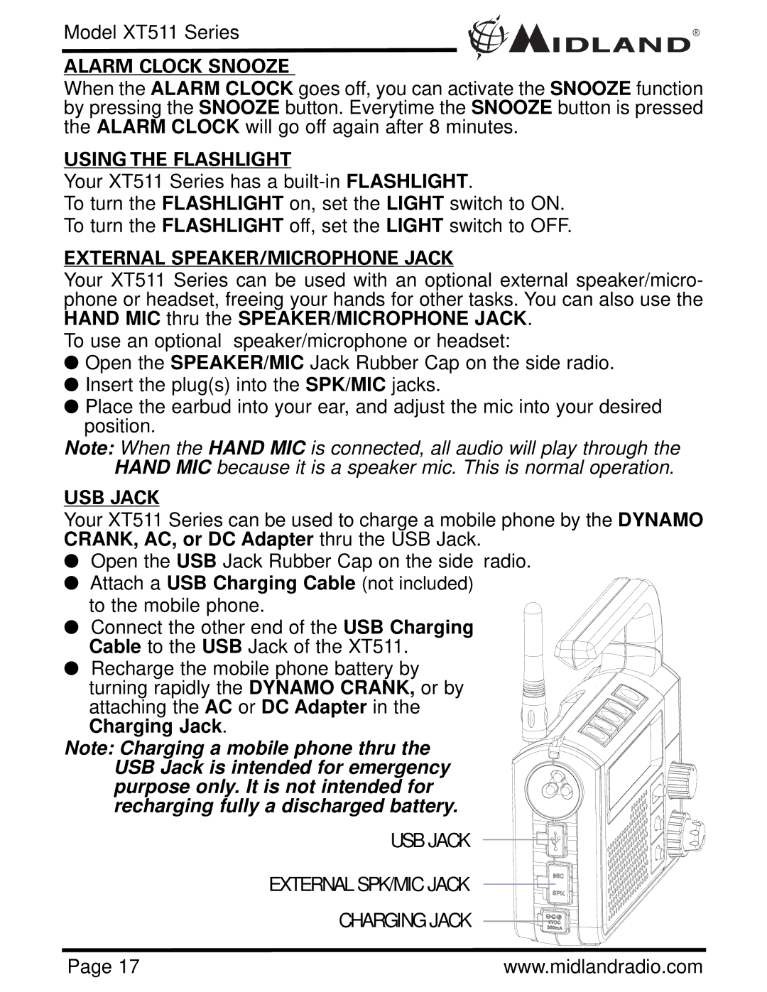 Midland Radio XT511 manual USB Jack External SPK/MIC Jack Charging Jack 