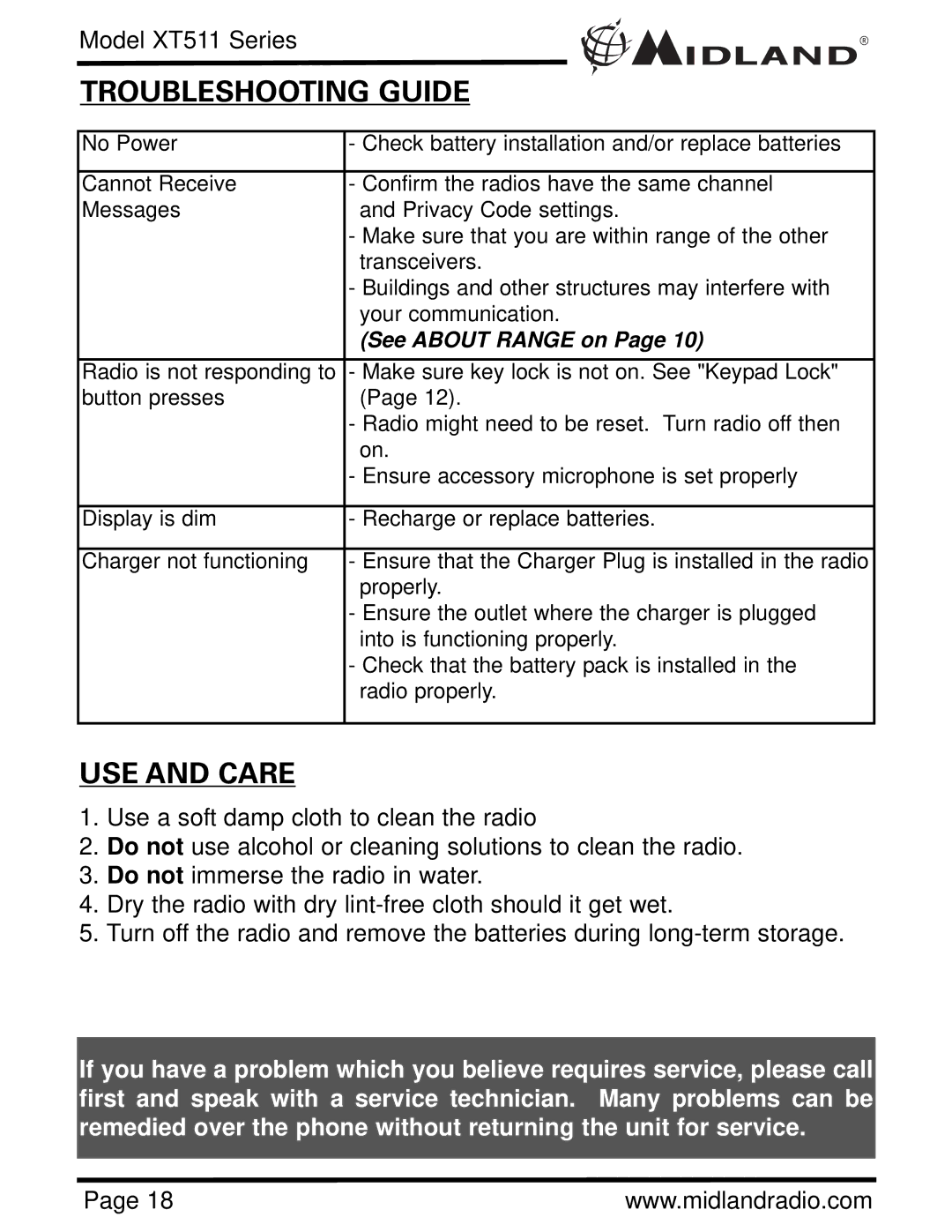 Midland Radio XT511 manual Troubleshooting Guide, USE and Care 