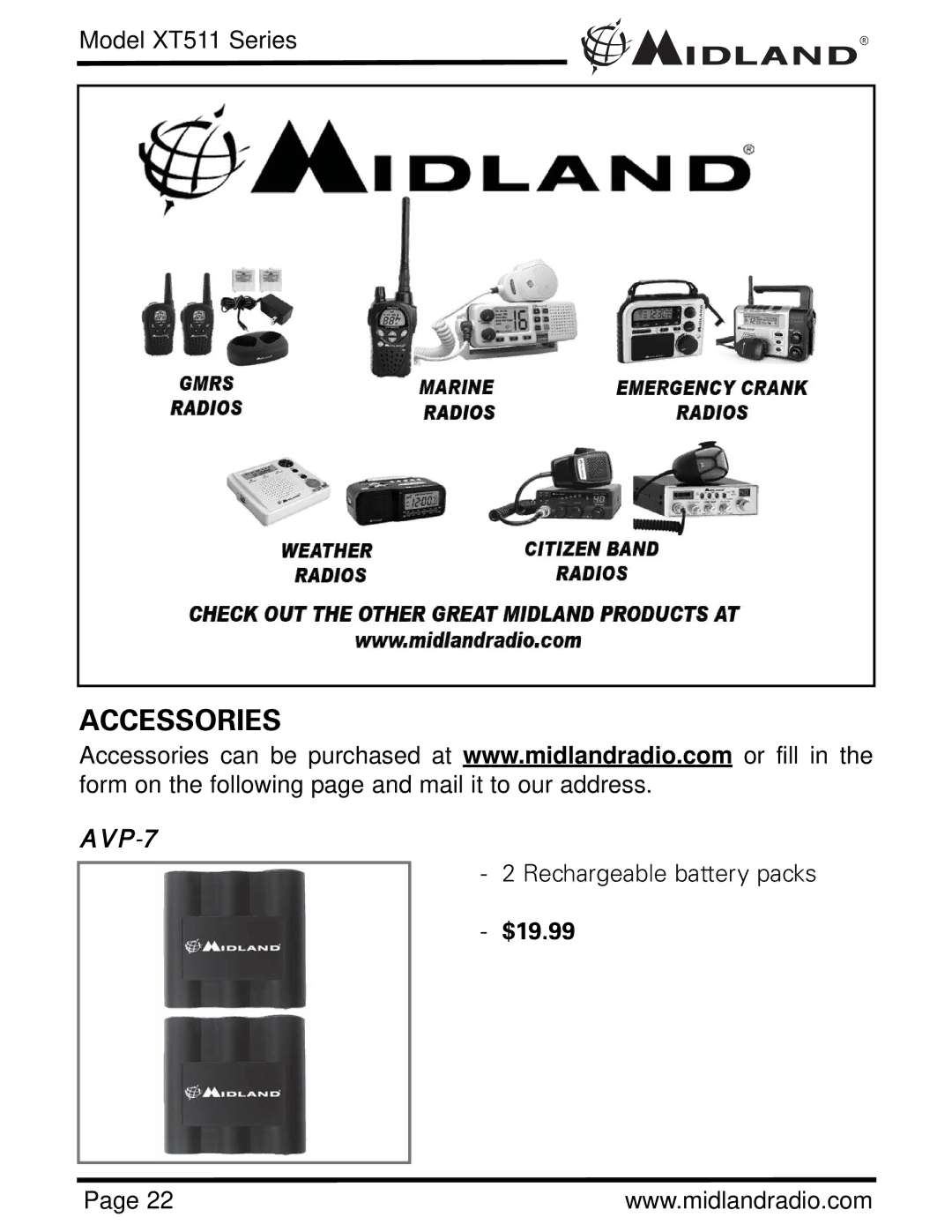 Midland Radio XT511 manual Accessories 