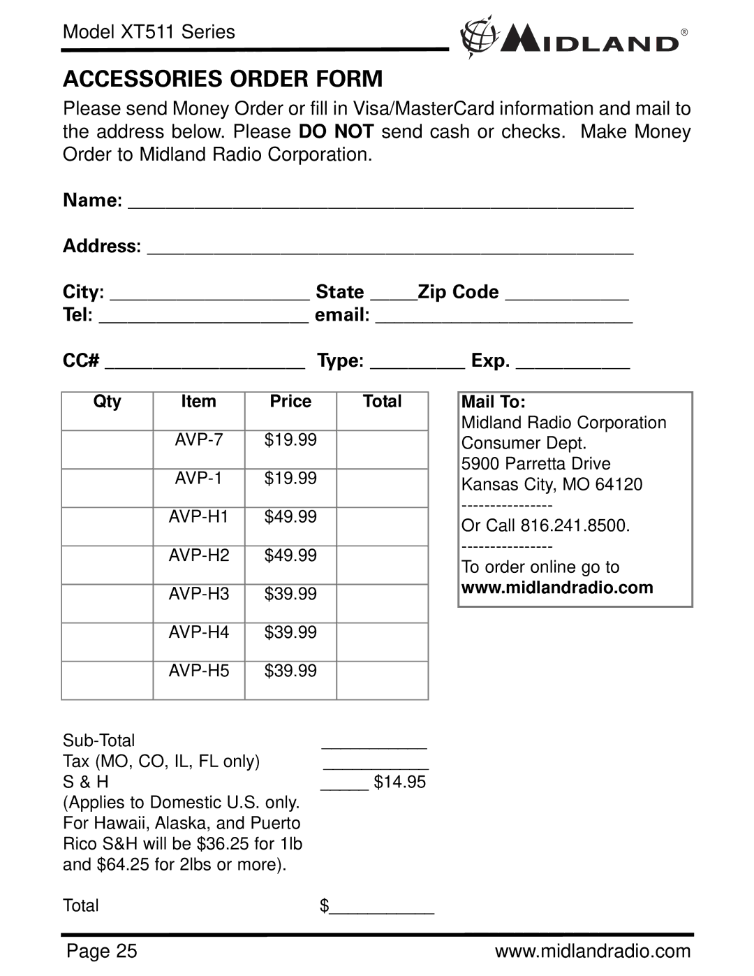 Midland Radio XT511 manual Accessories Order Form, Type Exp 