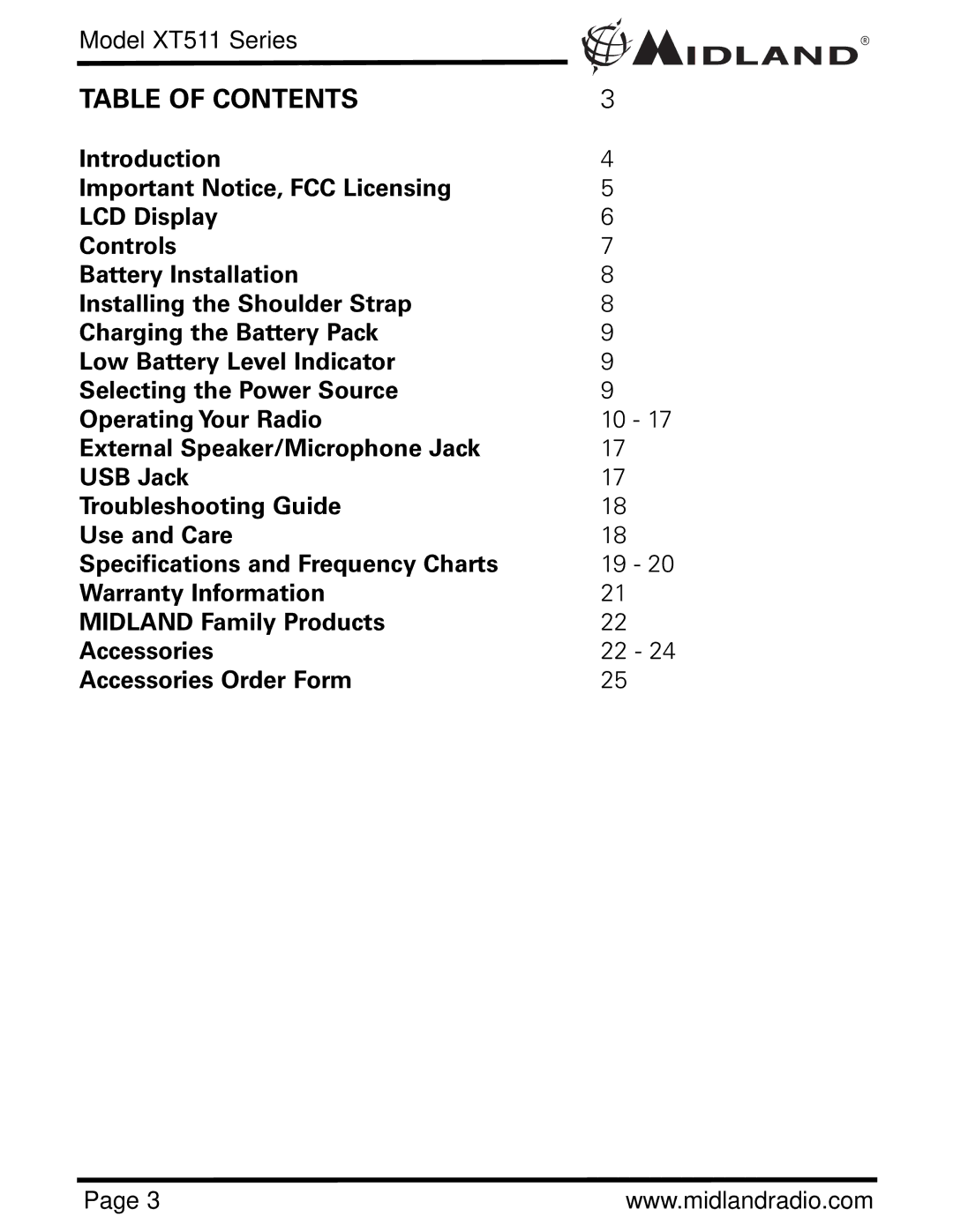 Midland Radio XT511 manual Table of Contents 