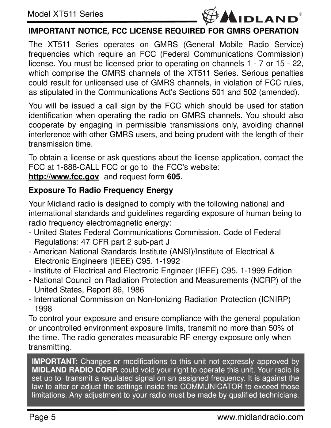 Midland Radio XT511 manual Important NOTICE, FCC License Required for Gmrs Operation 