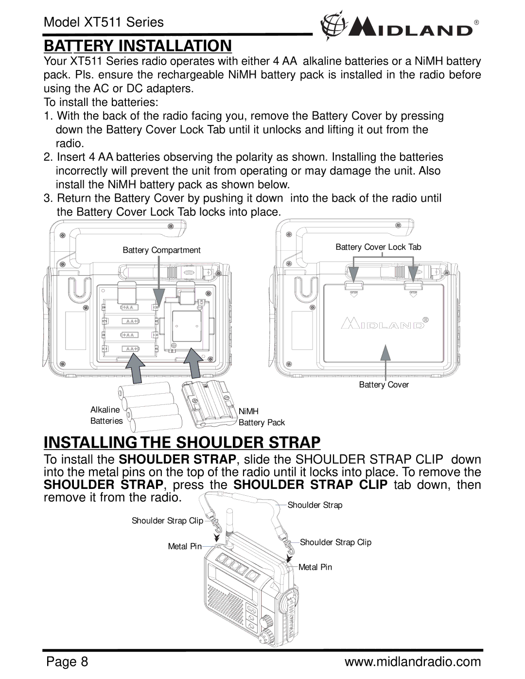 Midland Radio XT511 manual Battery Installation, Installing the Shoulder Strap 