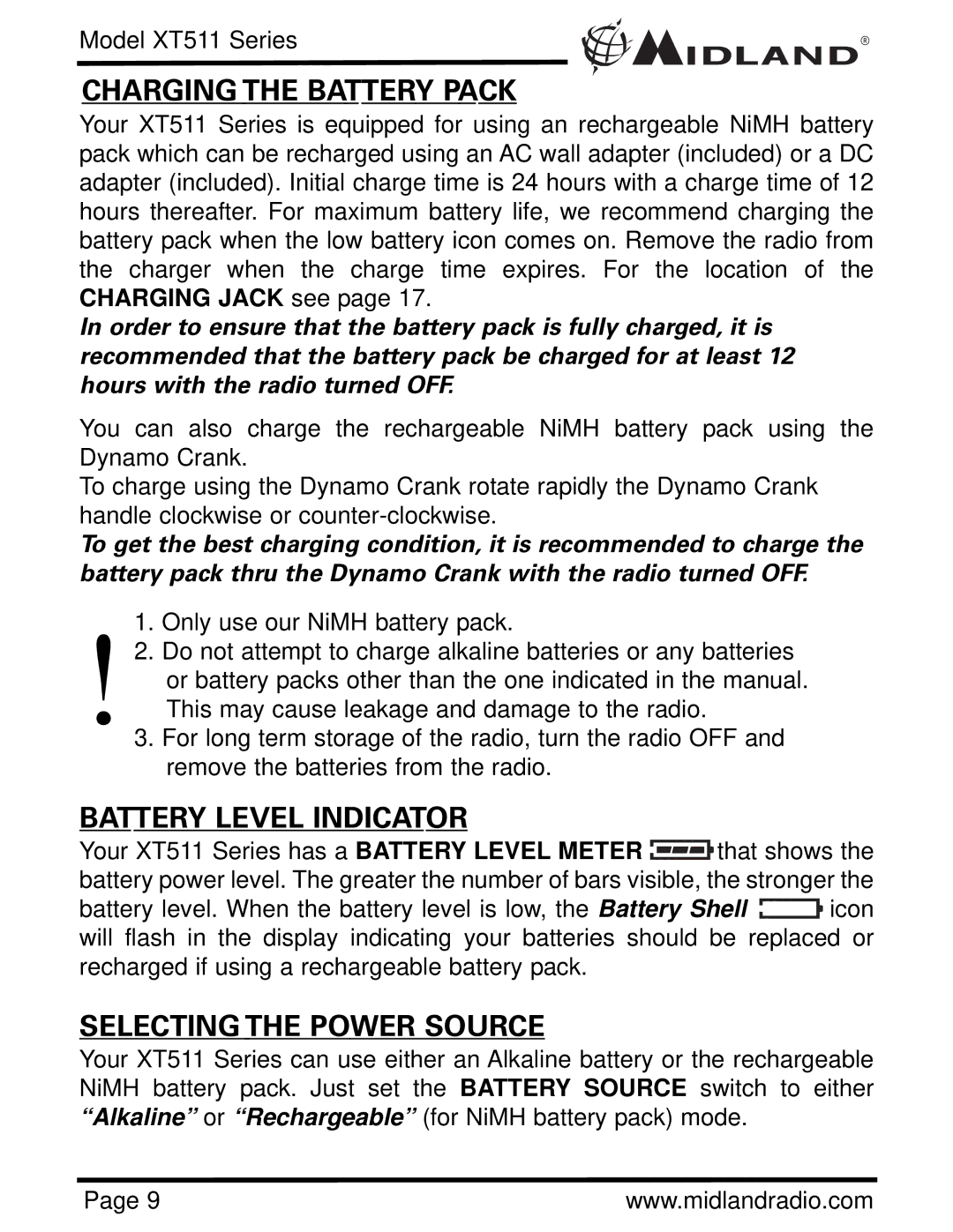 Midland Radio XT511 manual Charging the Battery Pack, Battery Level Indicator, Selecting the Power Source 