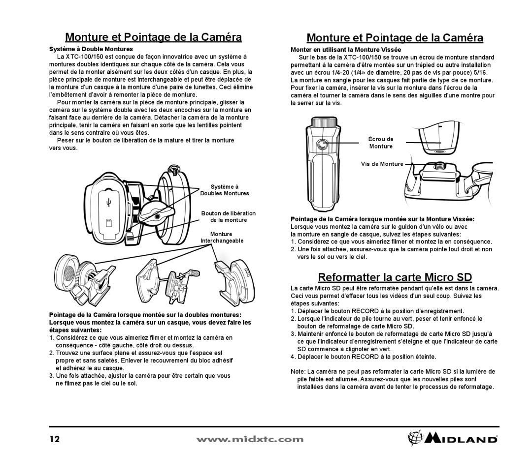 Midland Radio XTC-100, XTC-150 Monture et Pointage de la Caméra, Reformatter la carte Micro SD, Système à Double Montures 