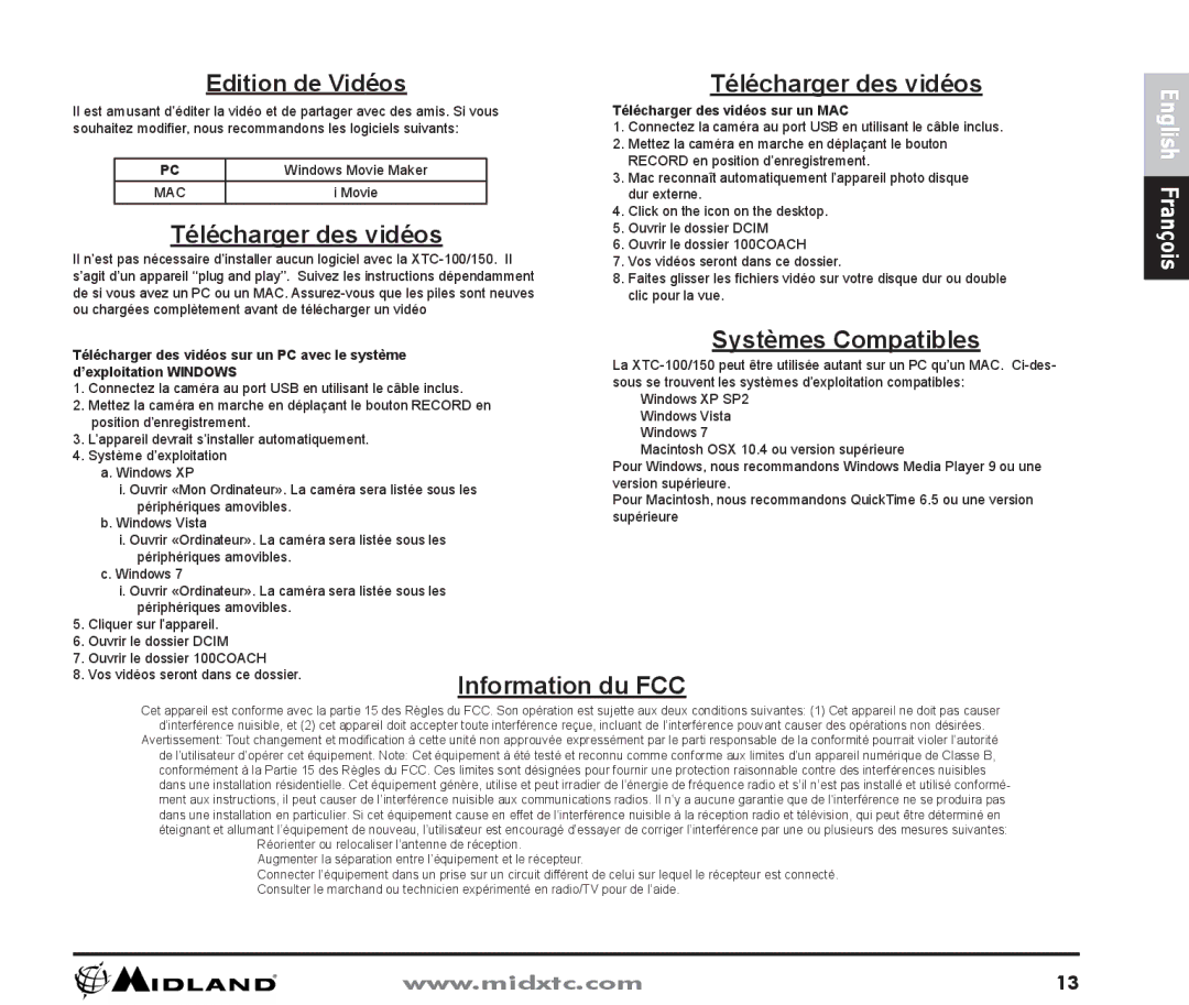 Midland Radio XTC-150, XTC-100 owner manual Edition de Vidéos, Systèmes Compatibles, Télécharger des vidéos sur un MAC 