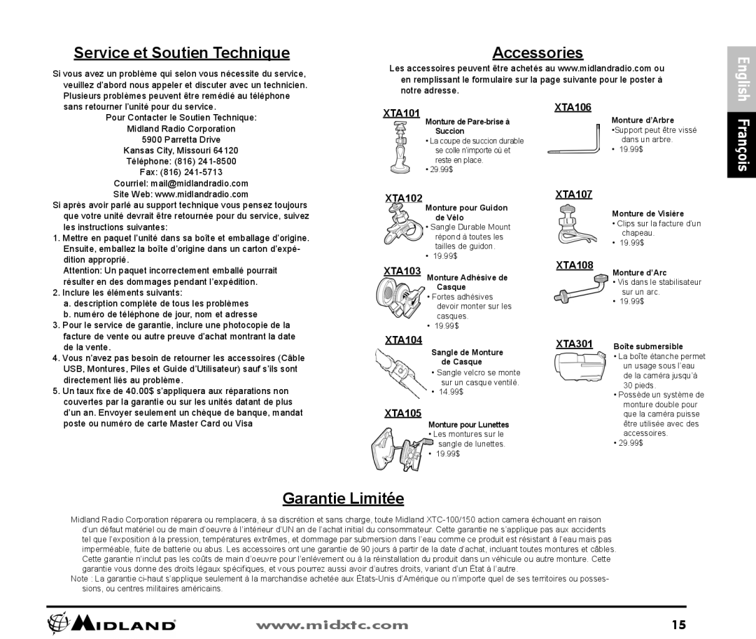 Midland Radio XTC-150, XTC-100 owner manual Service et Soutien Technique, Garantie Limitée, XTA106 