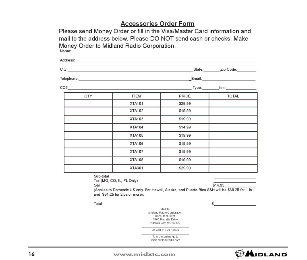 Midland Radio XTC-100, XTC-150 owner manual Accessories Order Form, QTY Price Total 