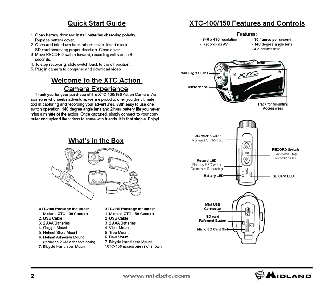 Midland Radio Quick Start Guide, XTC-100/150 Features and Controls, Welcome to the XTC Action Camera Experience 