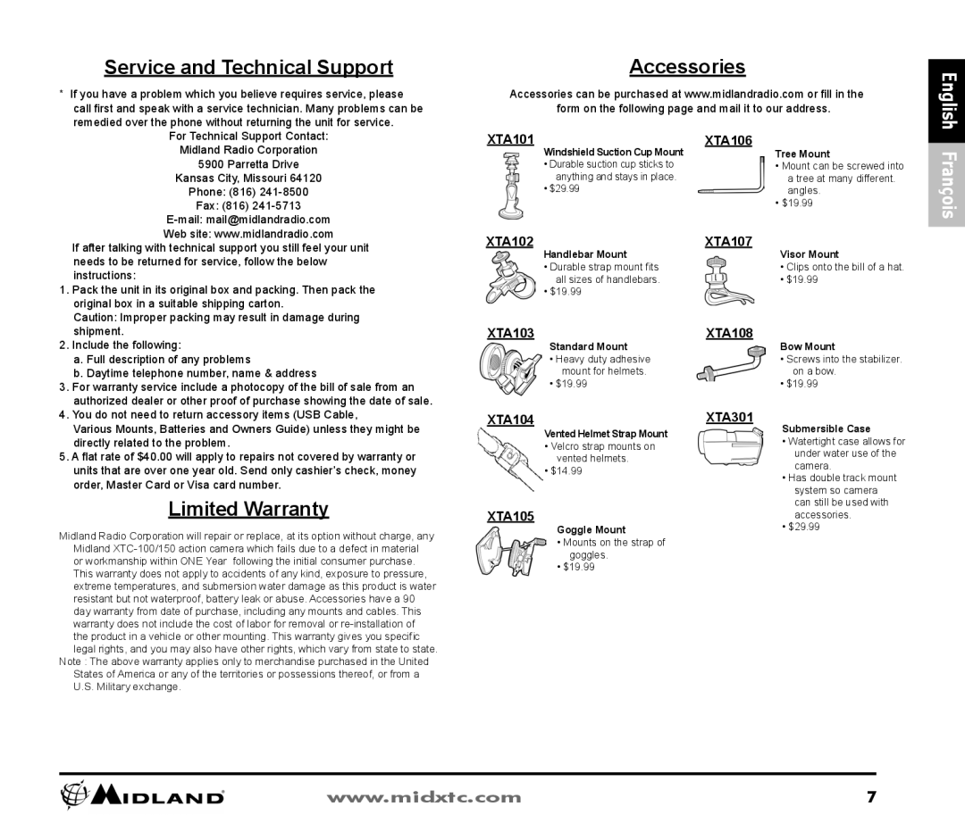 Midland Radio XTC-150, XTC-100 owner manual Service and Technical Support, Limited Warranty, Accessories 