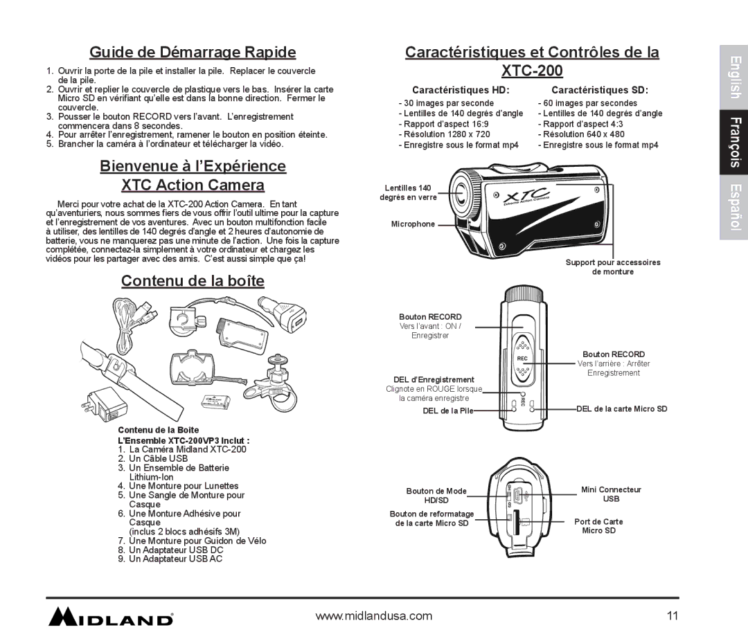 Midland Radio XTC-200 owner manual Guide de Démarrage Rapide, XTC Action Camera, Contenu de la boîte 