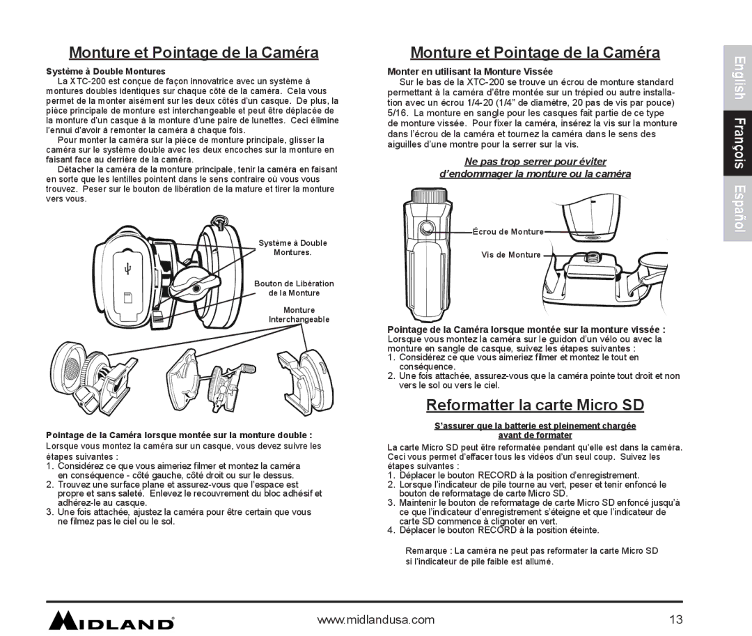 Midland Radio XTC-200 Monture et Pointage de la Caméra, Reformatter la carte Micro SD, Système à Double Montures 