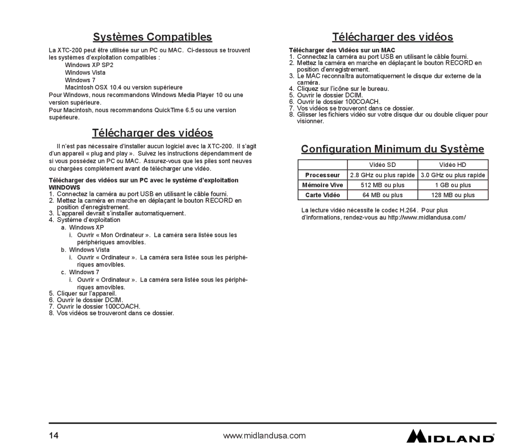 Midland Radio XTC-200 owner manual Systèmes Compatibles, Télécharger des vidéos, Configuration Minimum du Système 