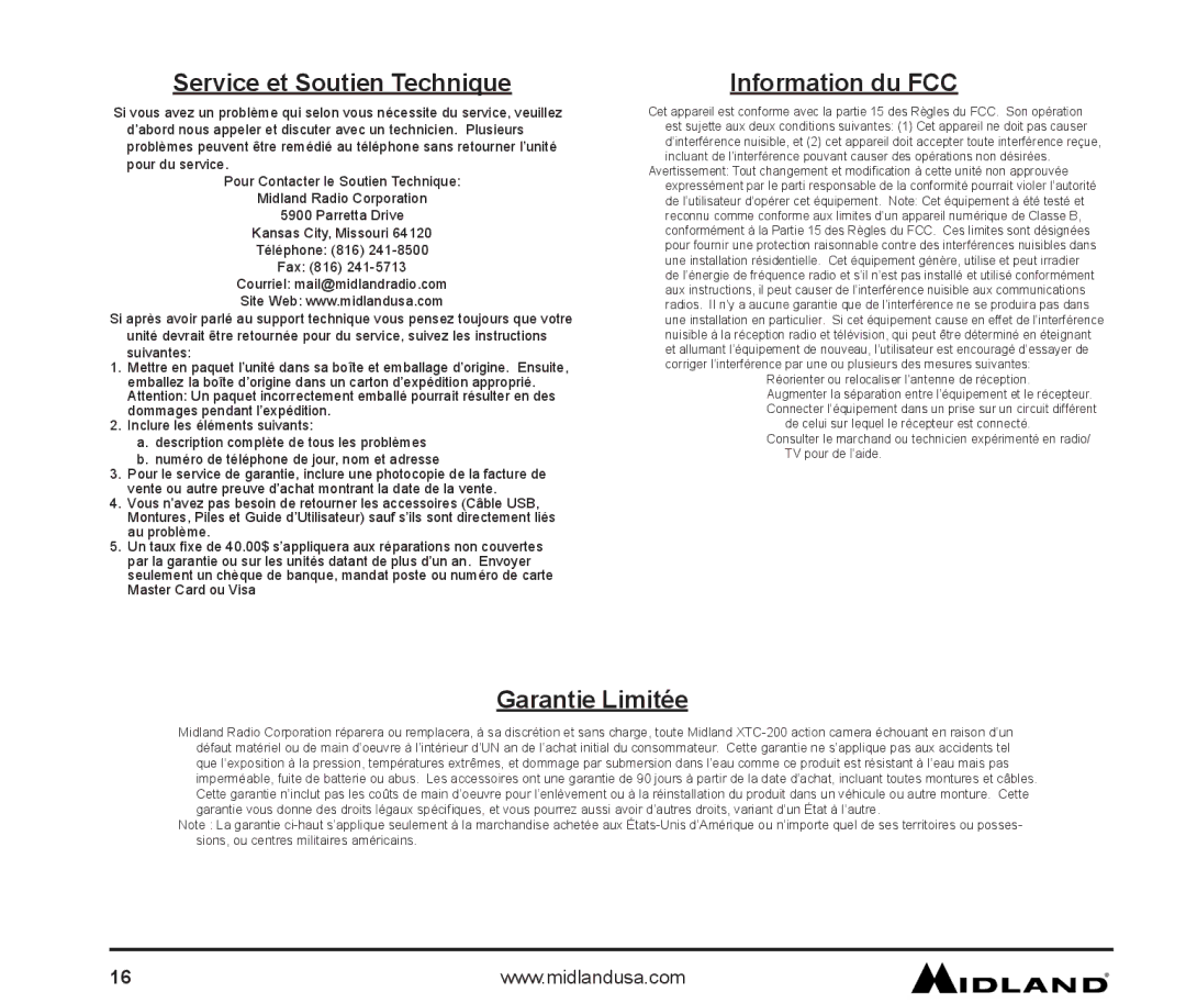 Midland Radio XTC-200 owner manual Service et Soutien Technique, Information du FCC, Garantie Limitée 