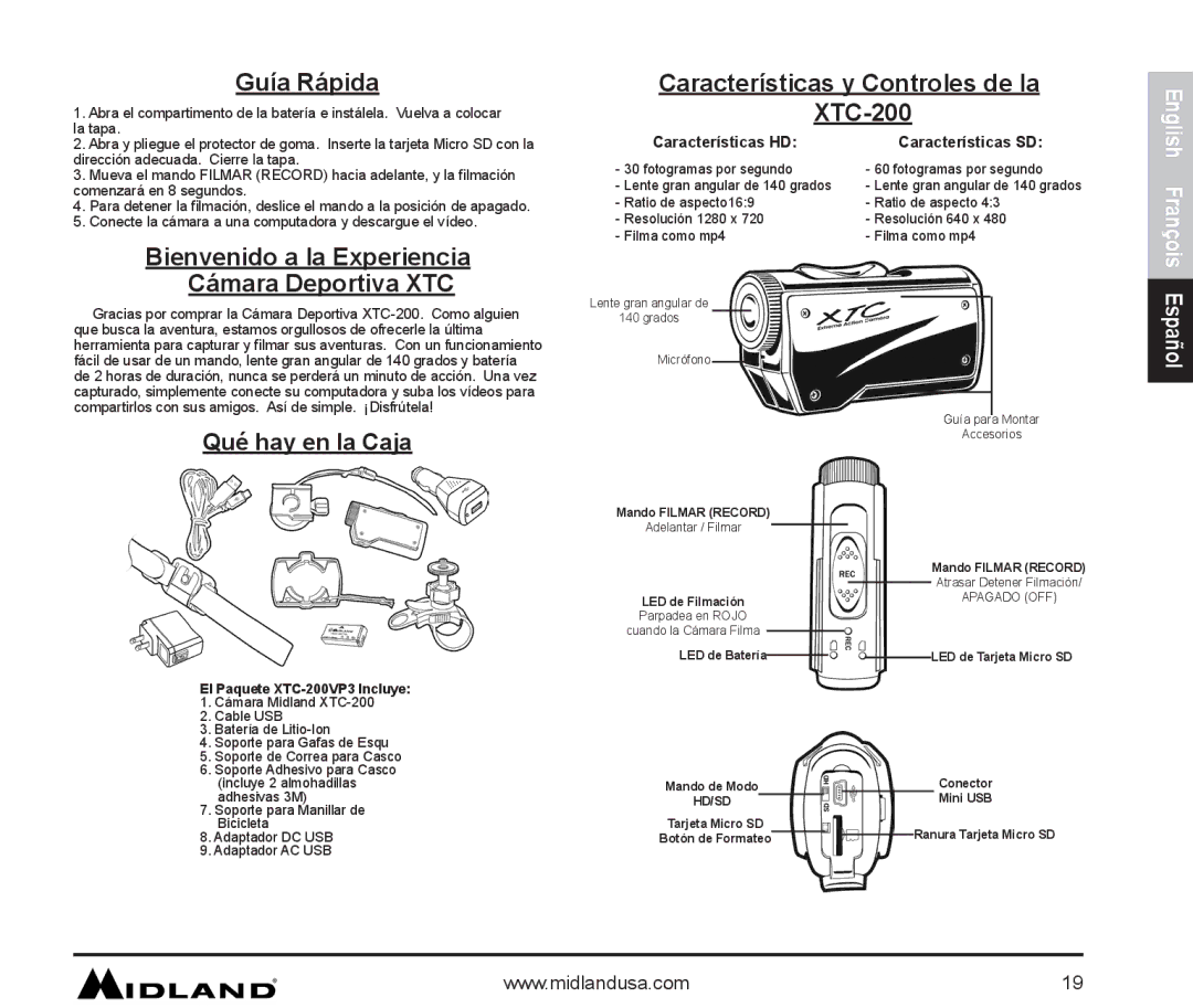 Midland Radio XTC-200 owner manual Guía Rápida, Bienvenido a la Experiencia Cámara Deportiva XTC, Qué hay en la Caja 