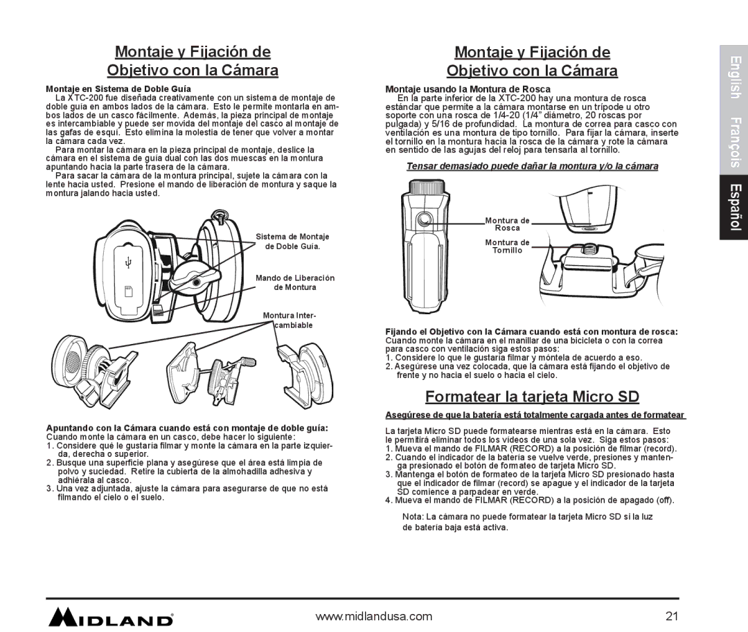 Midland Radio XTC-200 owner manual Montaje y Fijación de Objetivo con la Cámara, Formatear la tarjeta Micro SD 