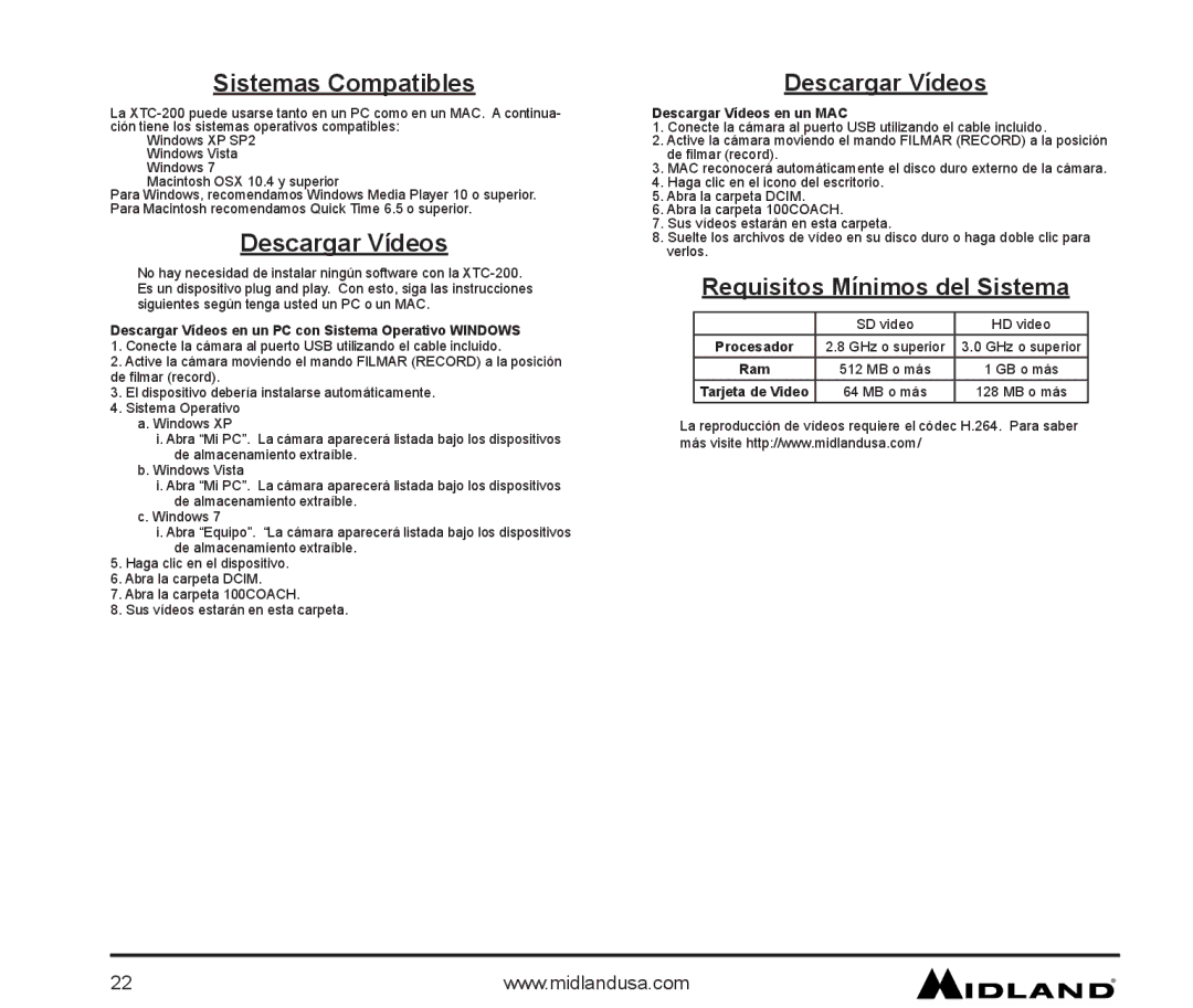 Midland Radio XTC-200 owner manual Sistemas Compatibles, Descargar Vídeos, Requisitos Mínimos del Sistema 