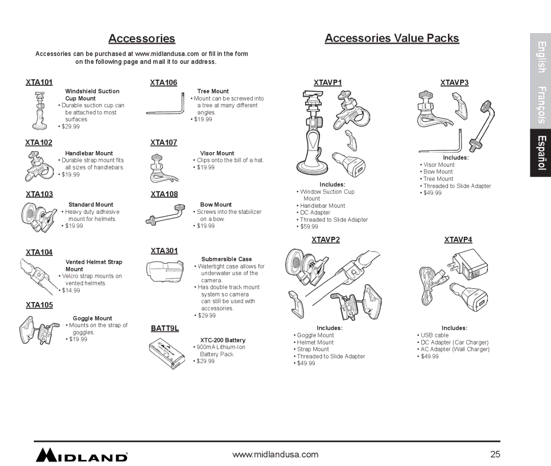 Midland Radio XTC-200 owner manual Accessories Value Packs 