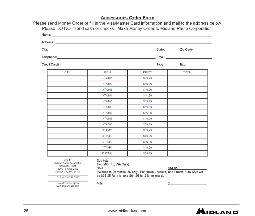 Midland Radio XTC-200 owner manual Accessories Order Form, $14.95 