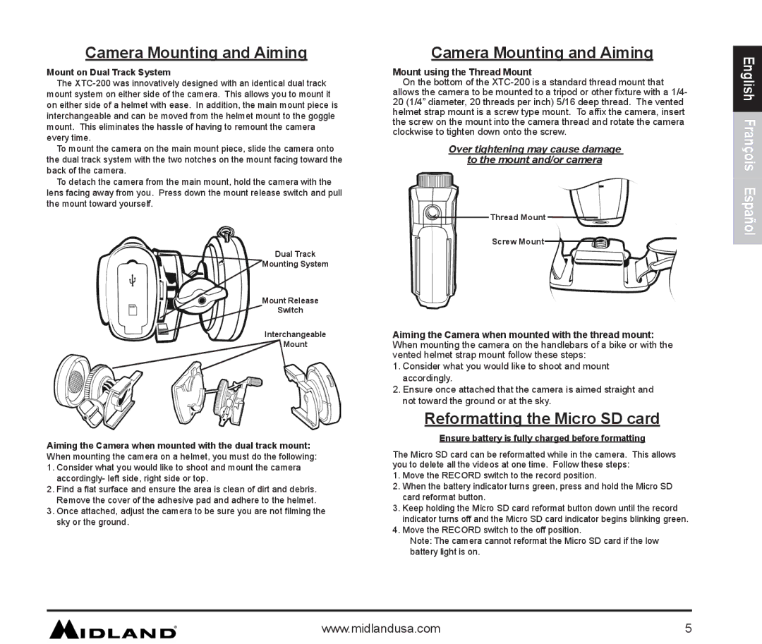 Midland Radio XTC-200 owner manual Camera Mounting and Aiming, Reformatting the Micro SD card 