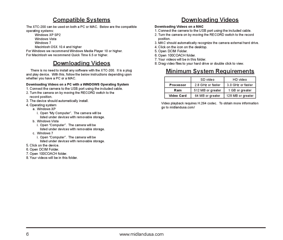 Midland Radio XTC-200 owner manual Compatible Systems, Downloading Videos, Minimum System Requirements 